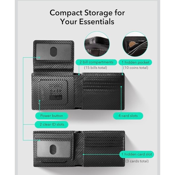 ESR Geo Wallet Built-in Apple Find My RFID Blocking Carbon Fiber Black Bifold - Picture 10 of 12